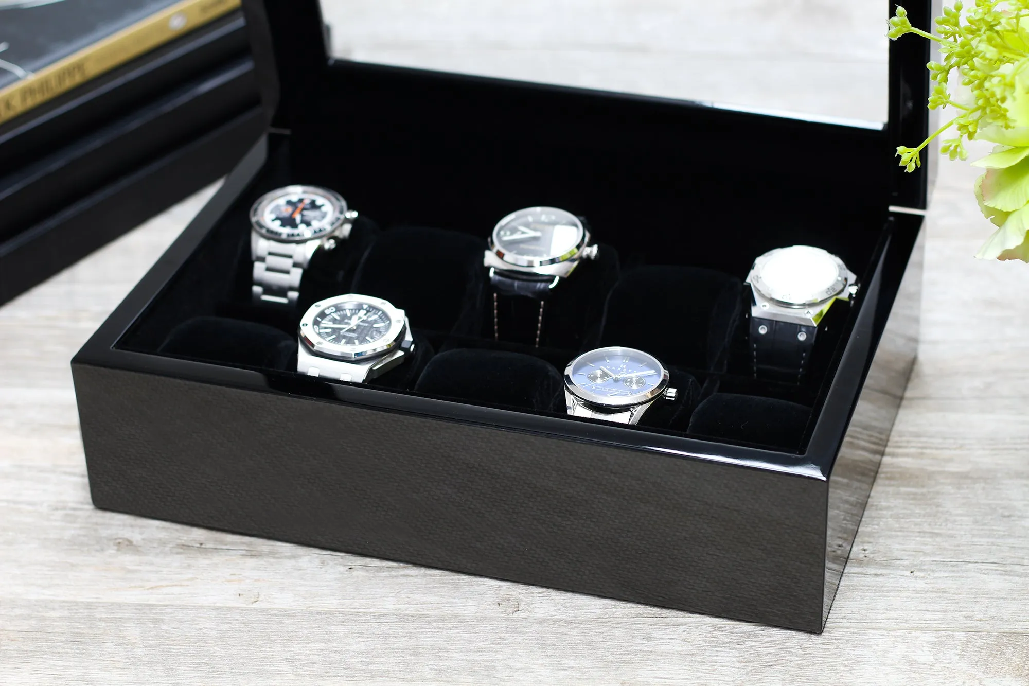 (10) Carbon Fiber Watch Box with Glass Top