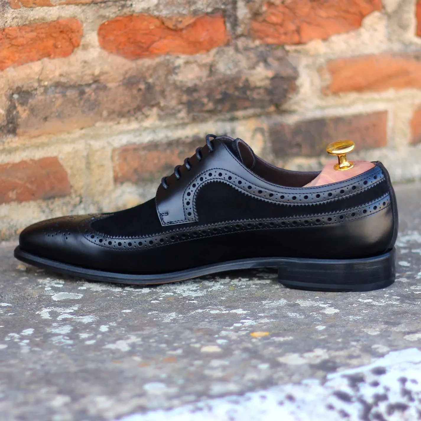 Ambrogio Bespoke Custom Men's Shoes Black Suede / Polished Calf-Skin Leather Longwing Blucher Oxfords (AMB2172)