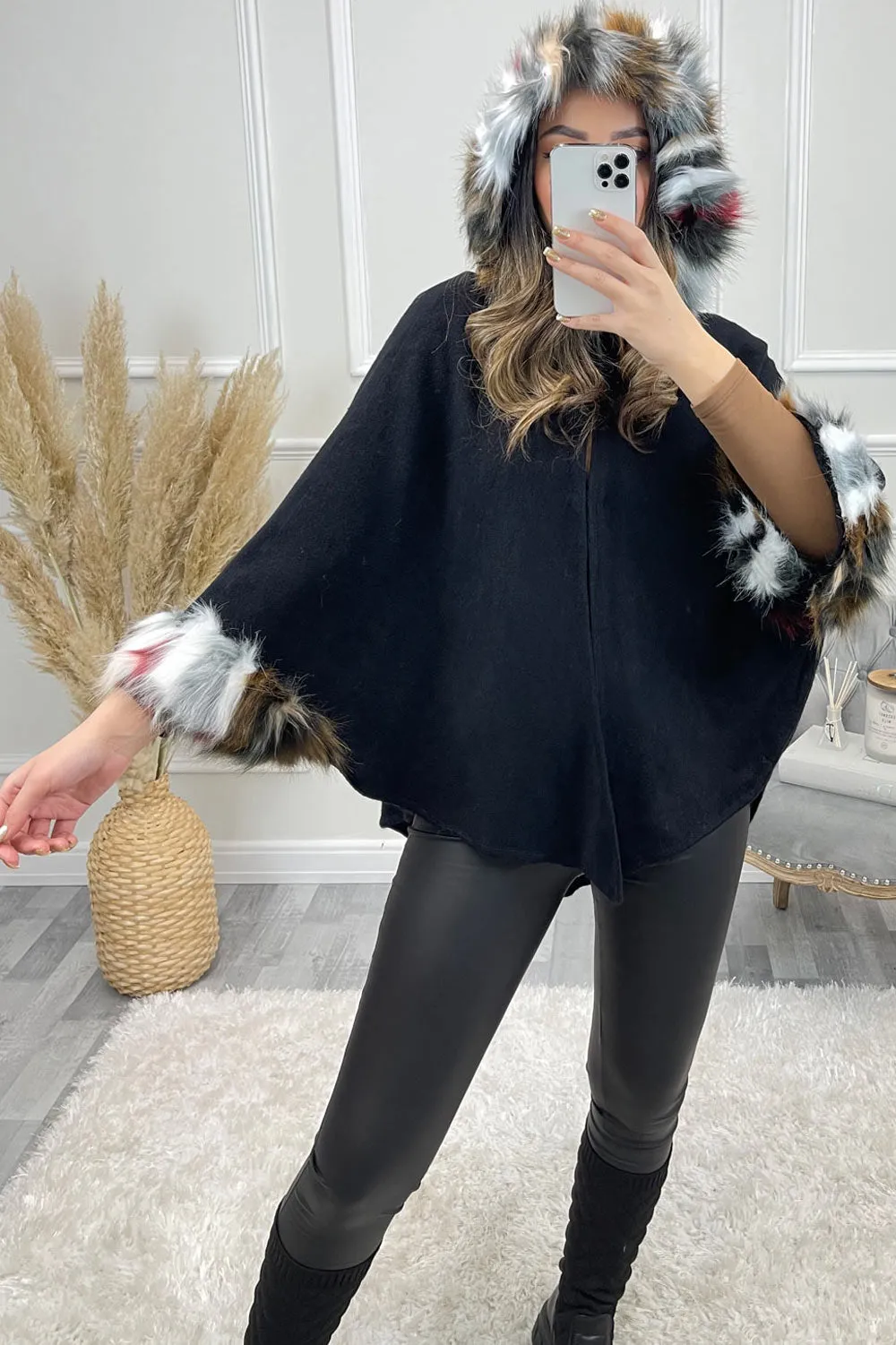 Aubre Black Multi Faux Fur Trim Hooded Knitted Cape