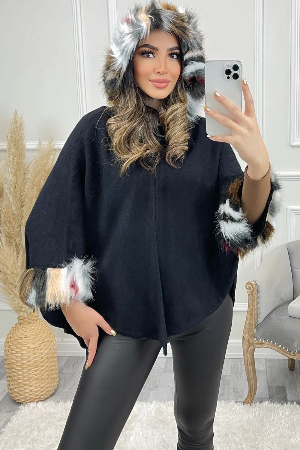 Aubre Black Multi Faux Fur Trim Hooded Knitted Cape