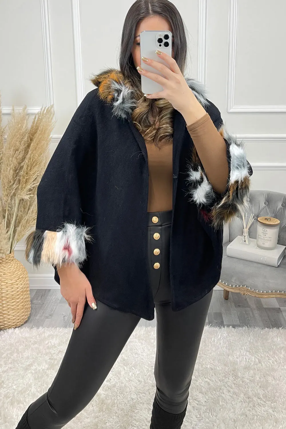 Aubre Black Multi Faux Fur Trim Hooded Knitted Cape