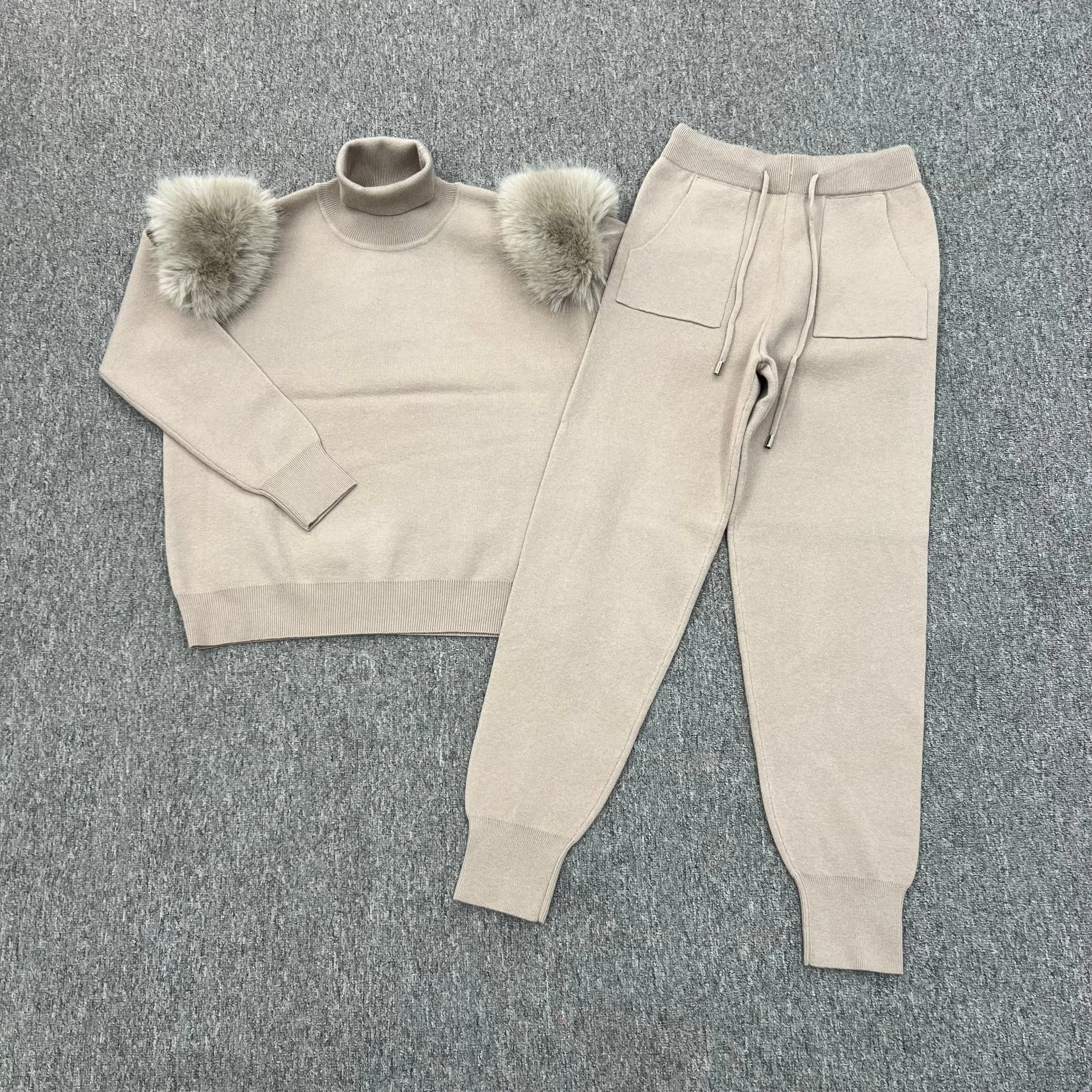 Beige Faux Fur Shoulder Roll Neck Jogger Tracksuit