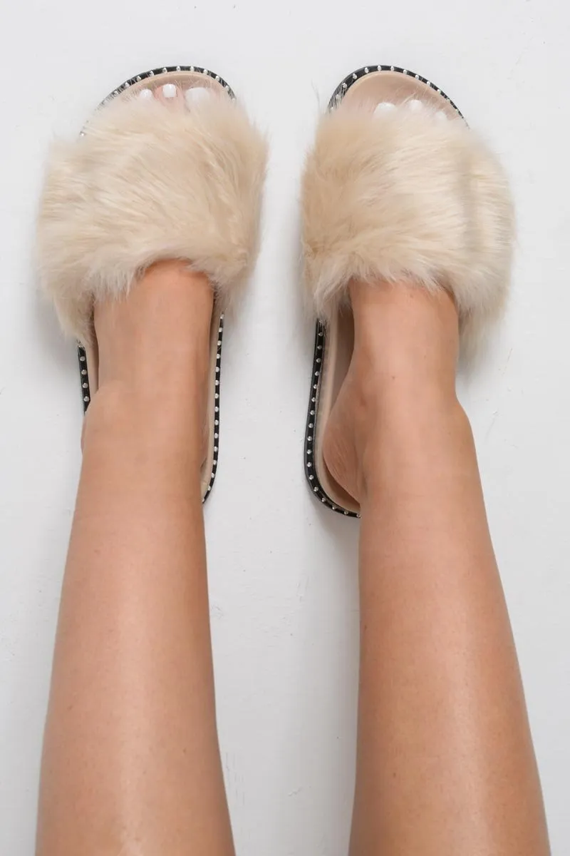 Beige Faux Fur Sliders  -Kyari