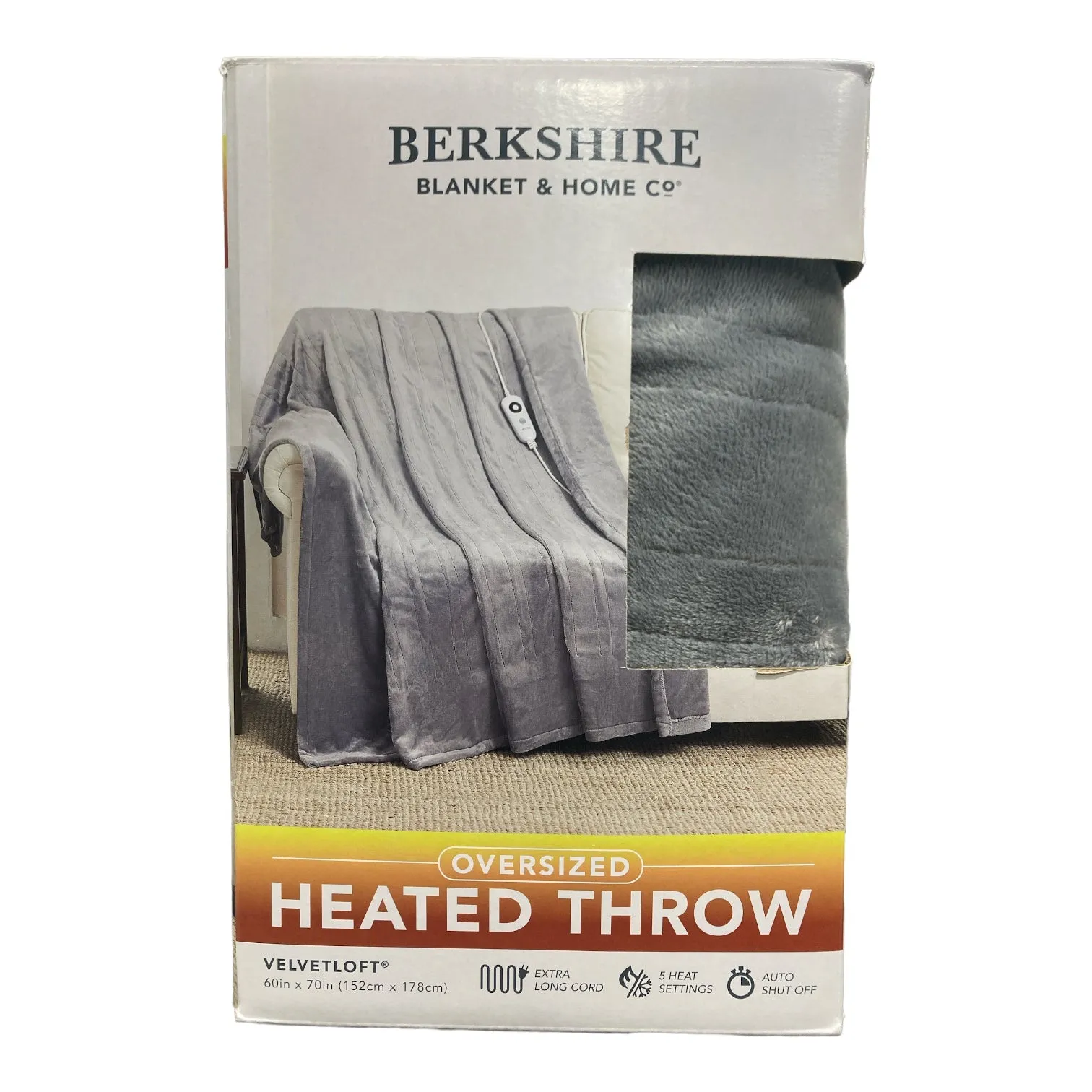 Berkshire Oversized 5 Setting Heated Throw with Auto Shut Off, 60"x70", Grey