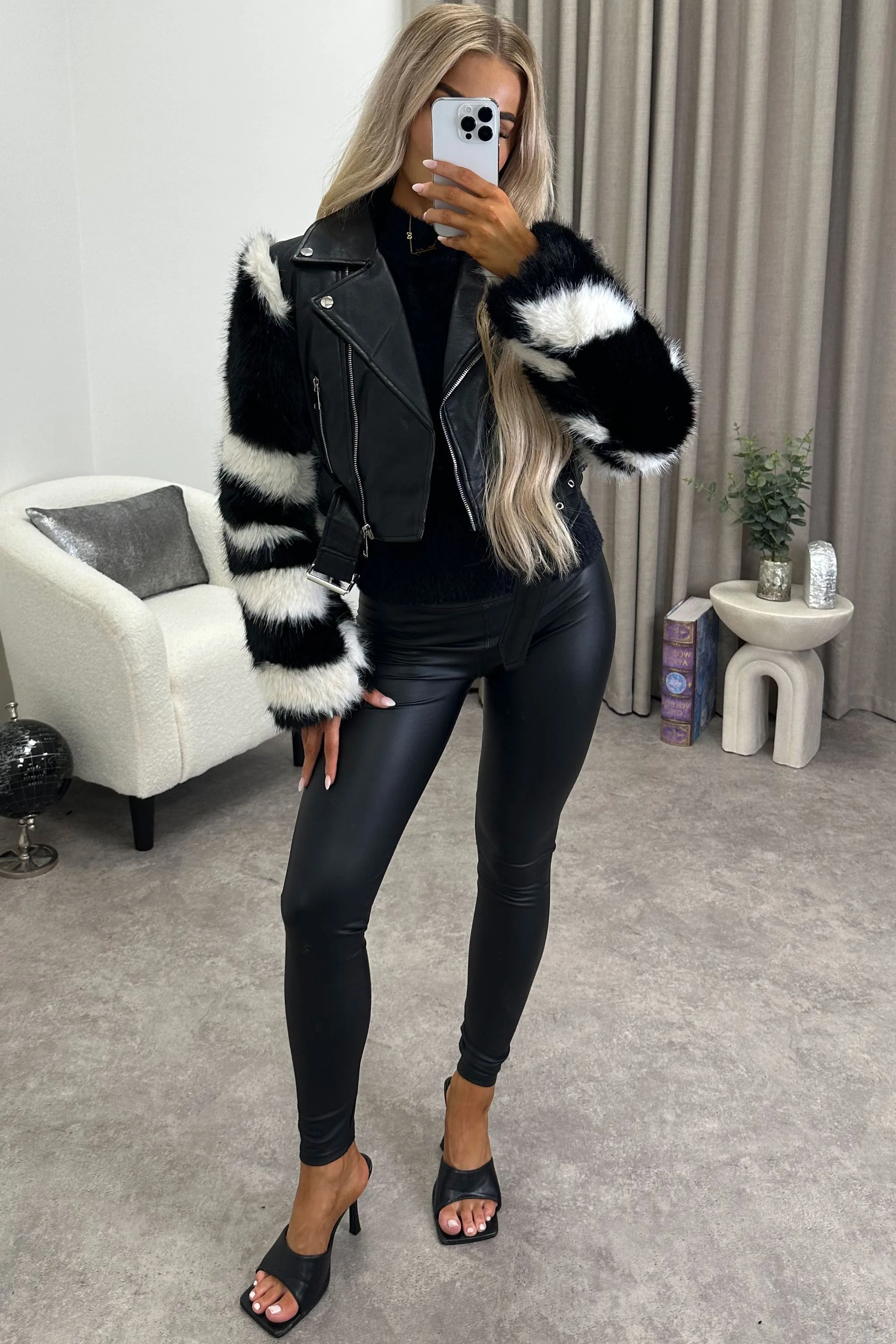 Bianka Black and White Faux Fur Faux Leather PU Cropped Biker Jacket