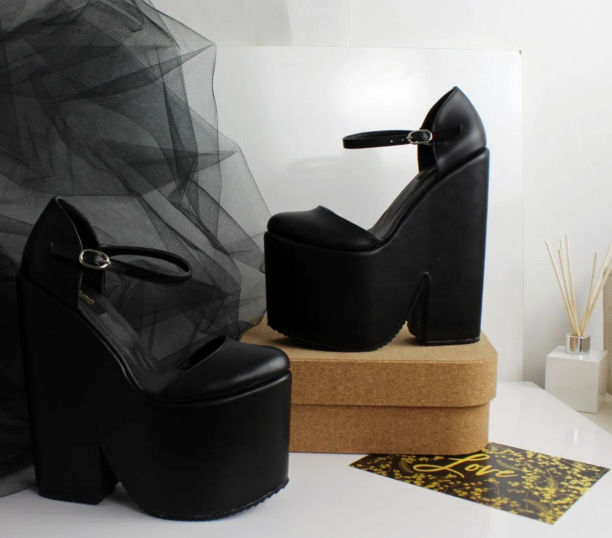 Black Ankle Strap Extreme Platform Wedges