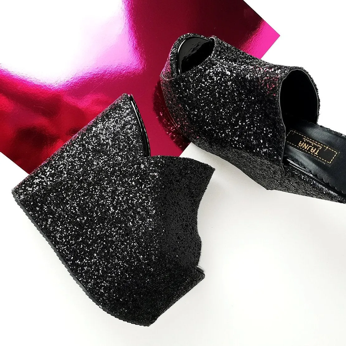 Black Glitter Peep Toe Platform Wedge Mules