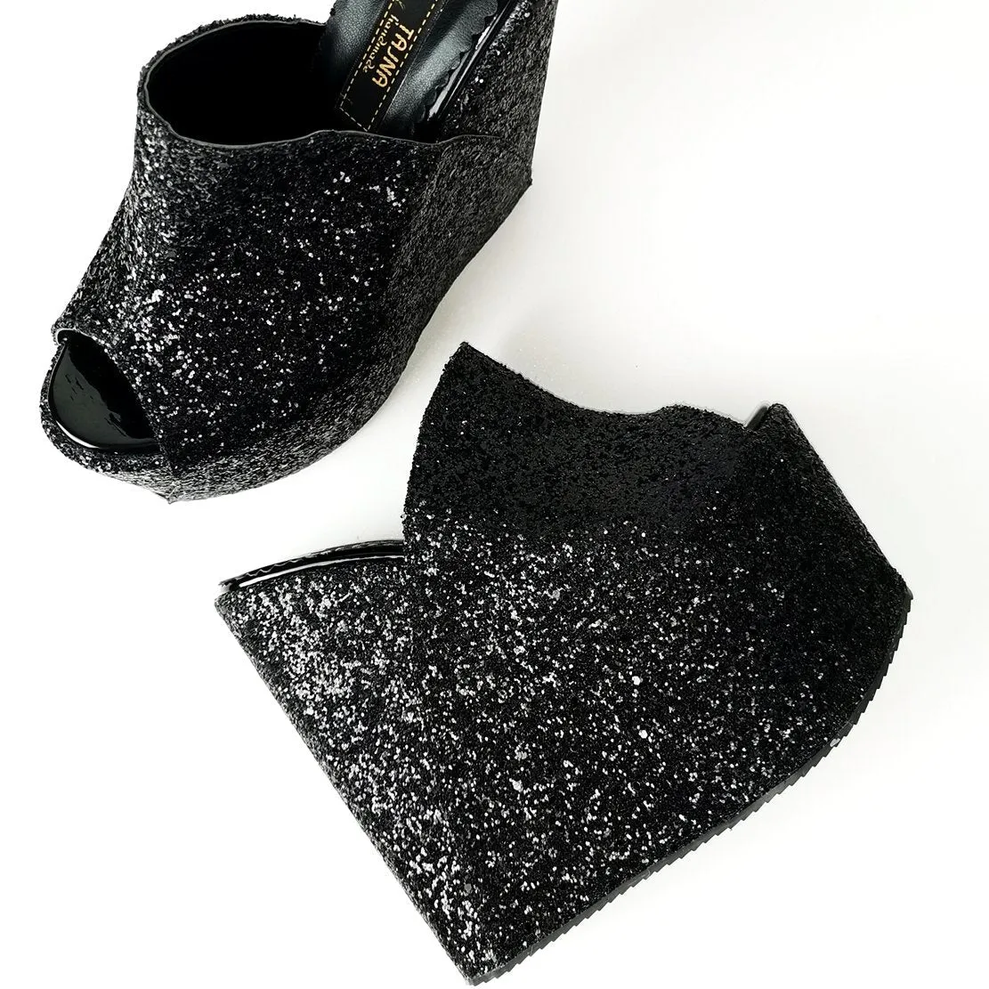 Black Glitter Peep Toe Platform Wedge Mules