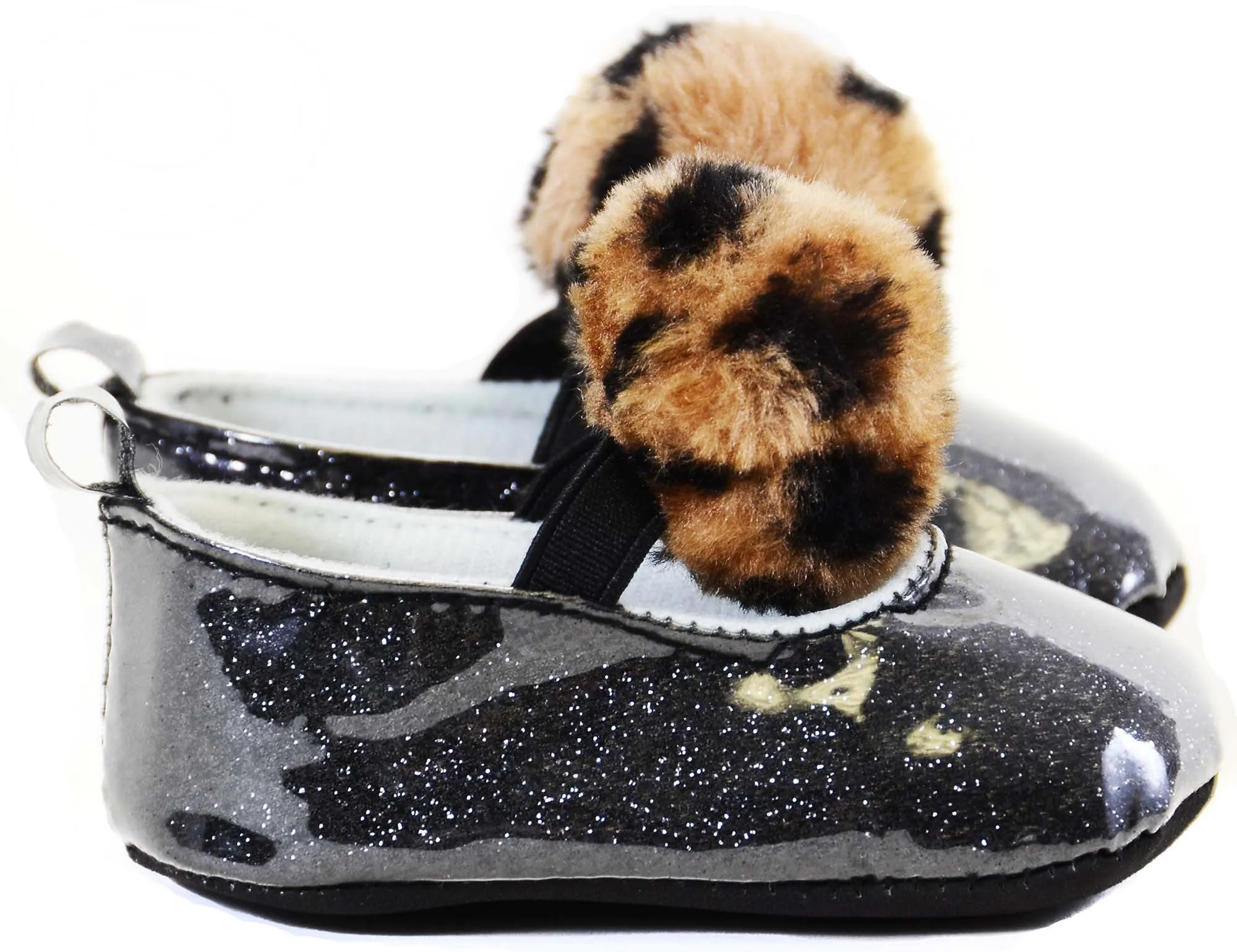 Black Shiny Glitter Leopard Furry Pom Baby Infant Maryjane Flats