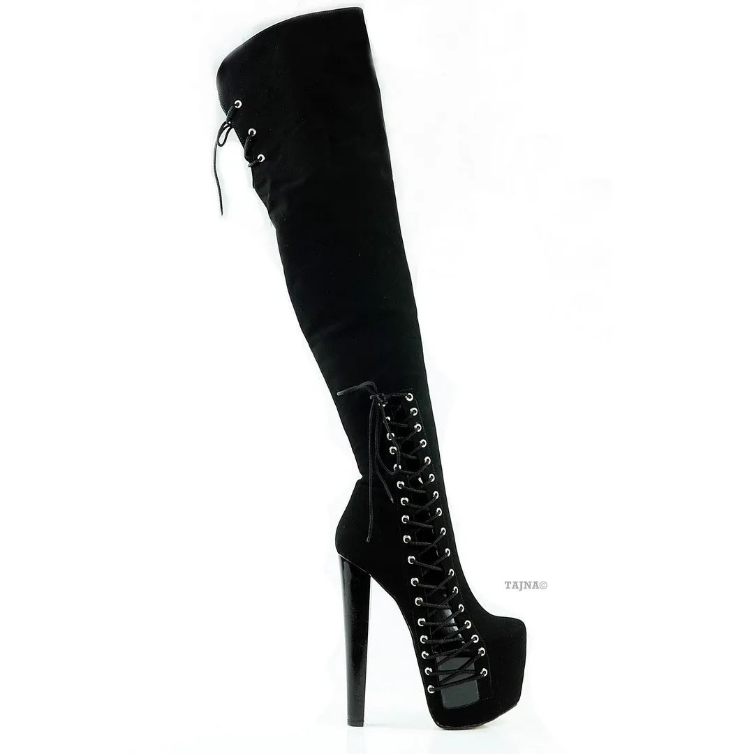 Black Suede Over Knee High Corset Boots