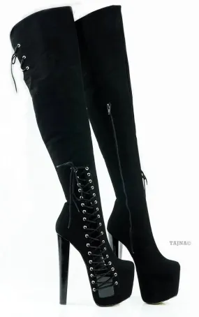 Black Suede Over Knee High Corset Boots