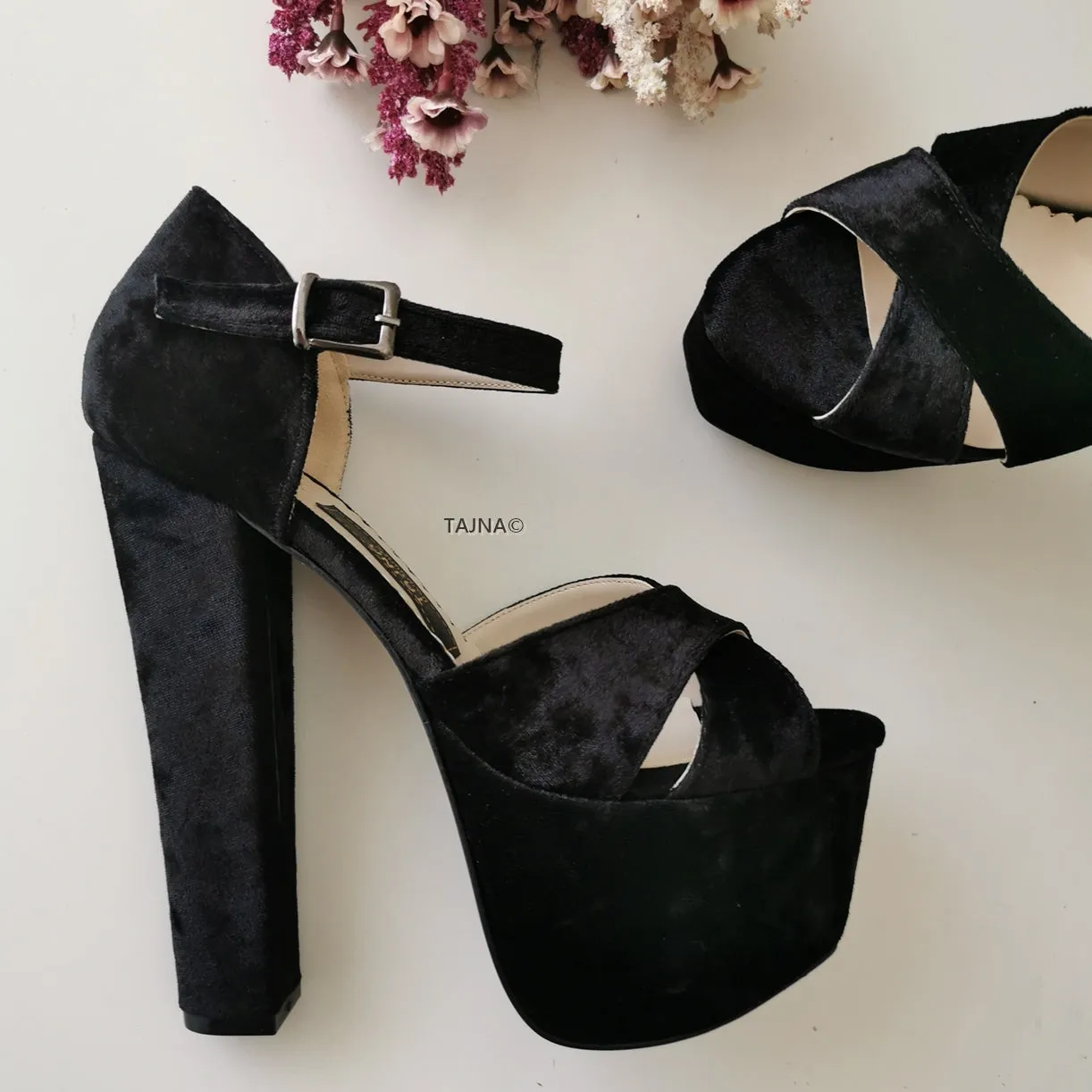 Black Velvet Cross Strap Platforms