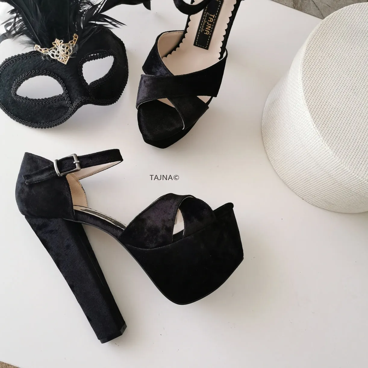 Black Velvet Cross Strap Platforms