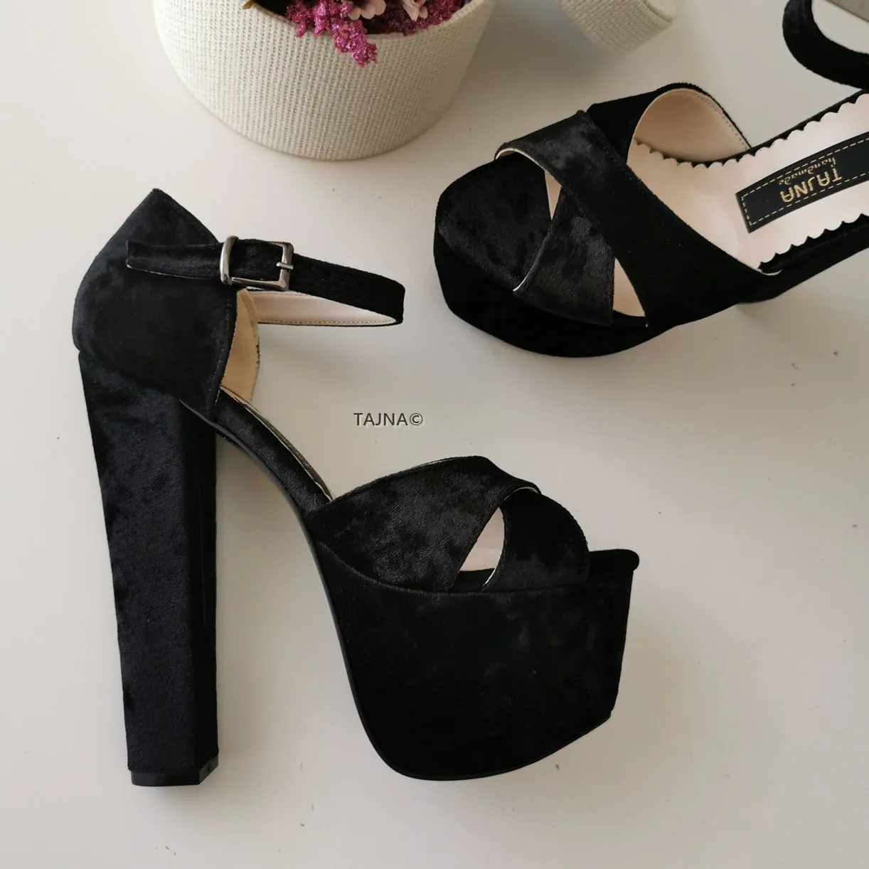 Black Velvet Cross Strap Platforms