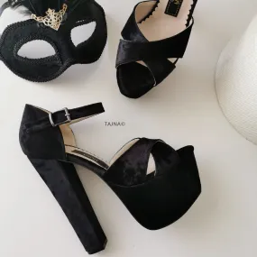 Black Velvet Cross Strap Platforms