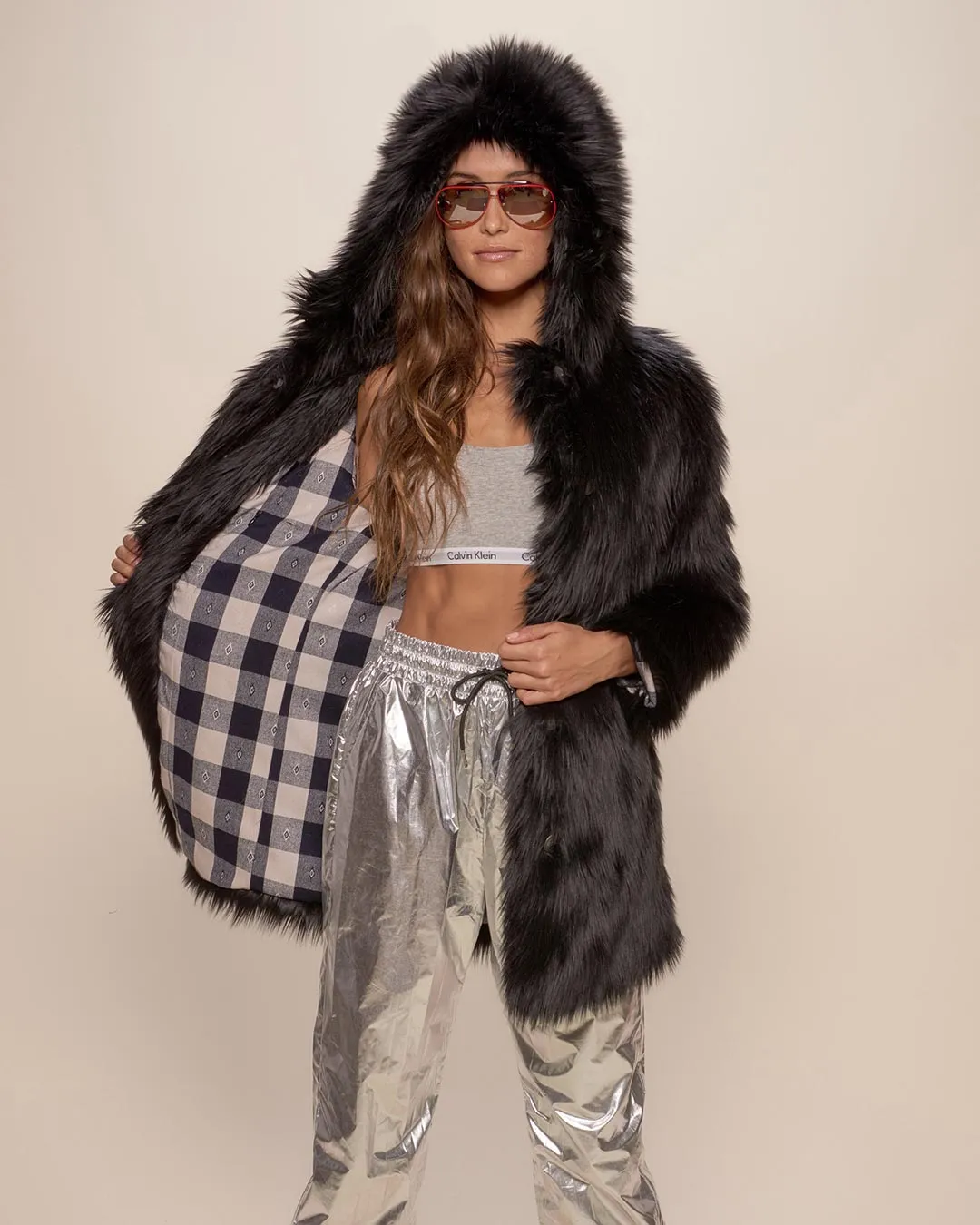 Black Wolf Plaid Hooded Faux Fur Coat | Women's