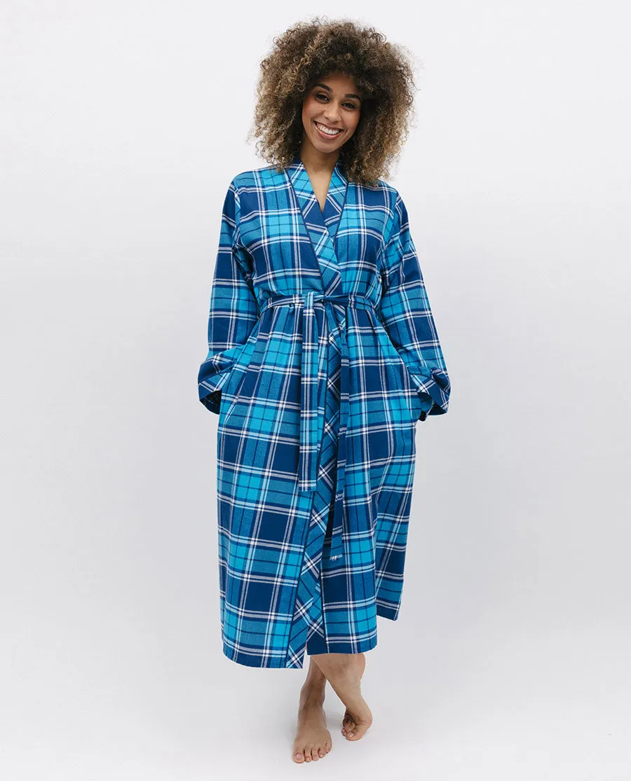 Brushed Blue Check Long Dressing Gown