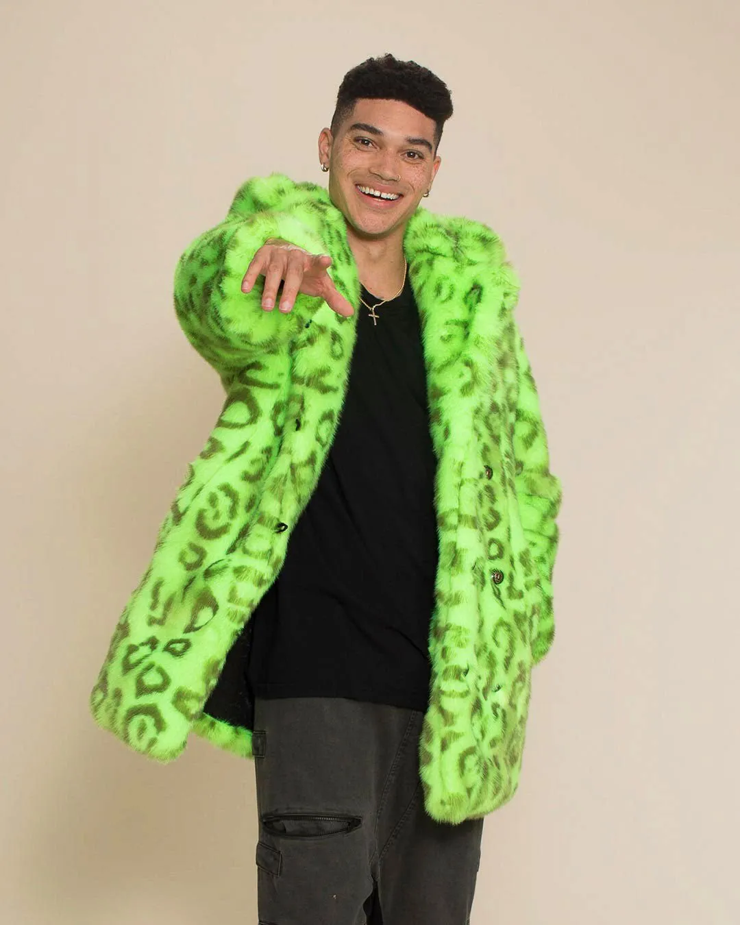 Classic Men's Faux Fur Coat | Neon Green Leopard