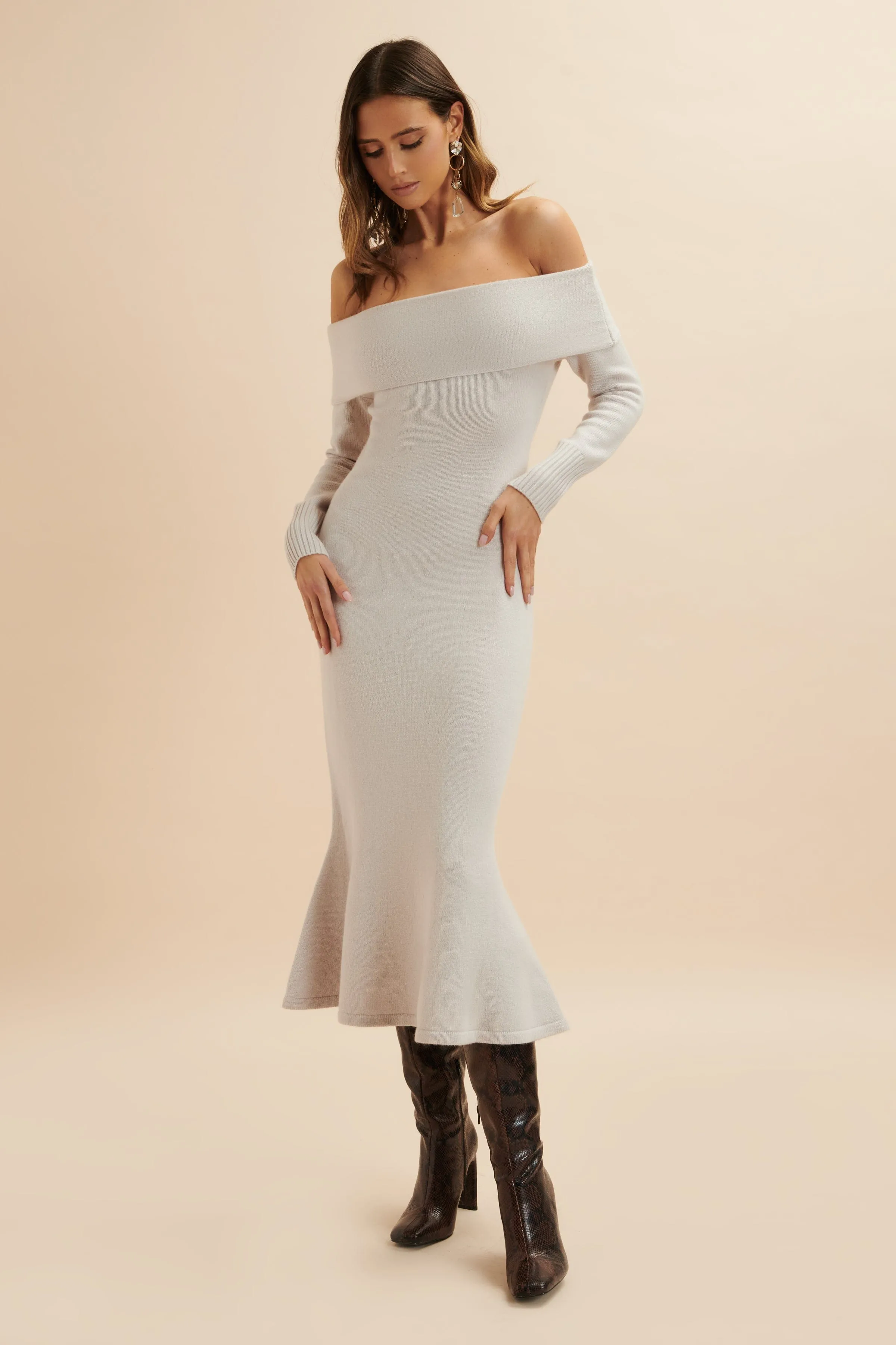 CLOVER Knitted Wool Bardot Midi Dress In Stone