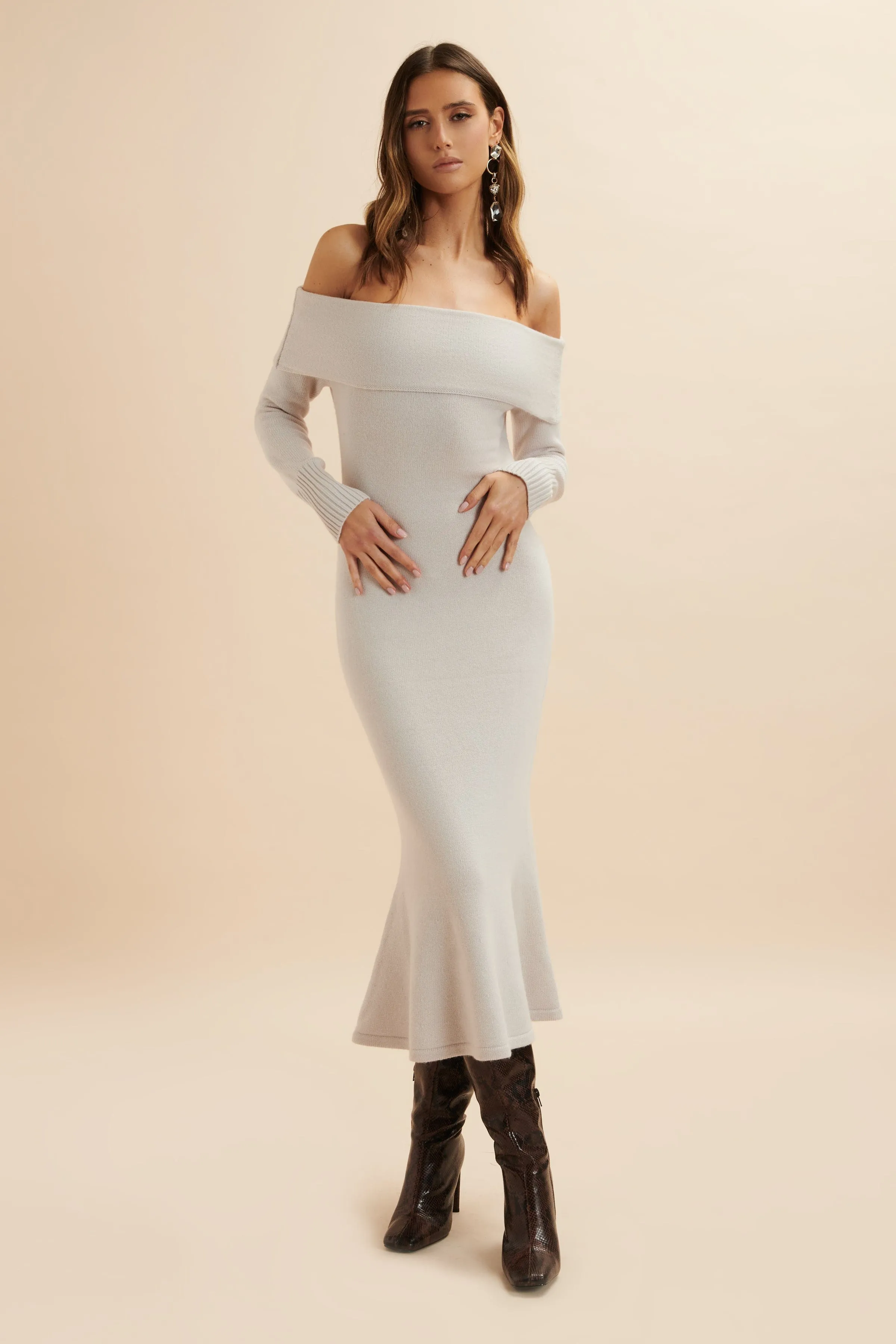 CLOVER Knitted Wool Bardot Midi Dress In Stone