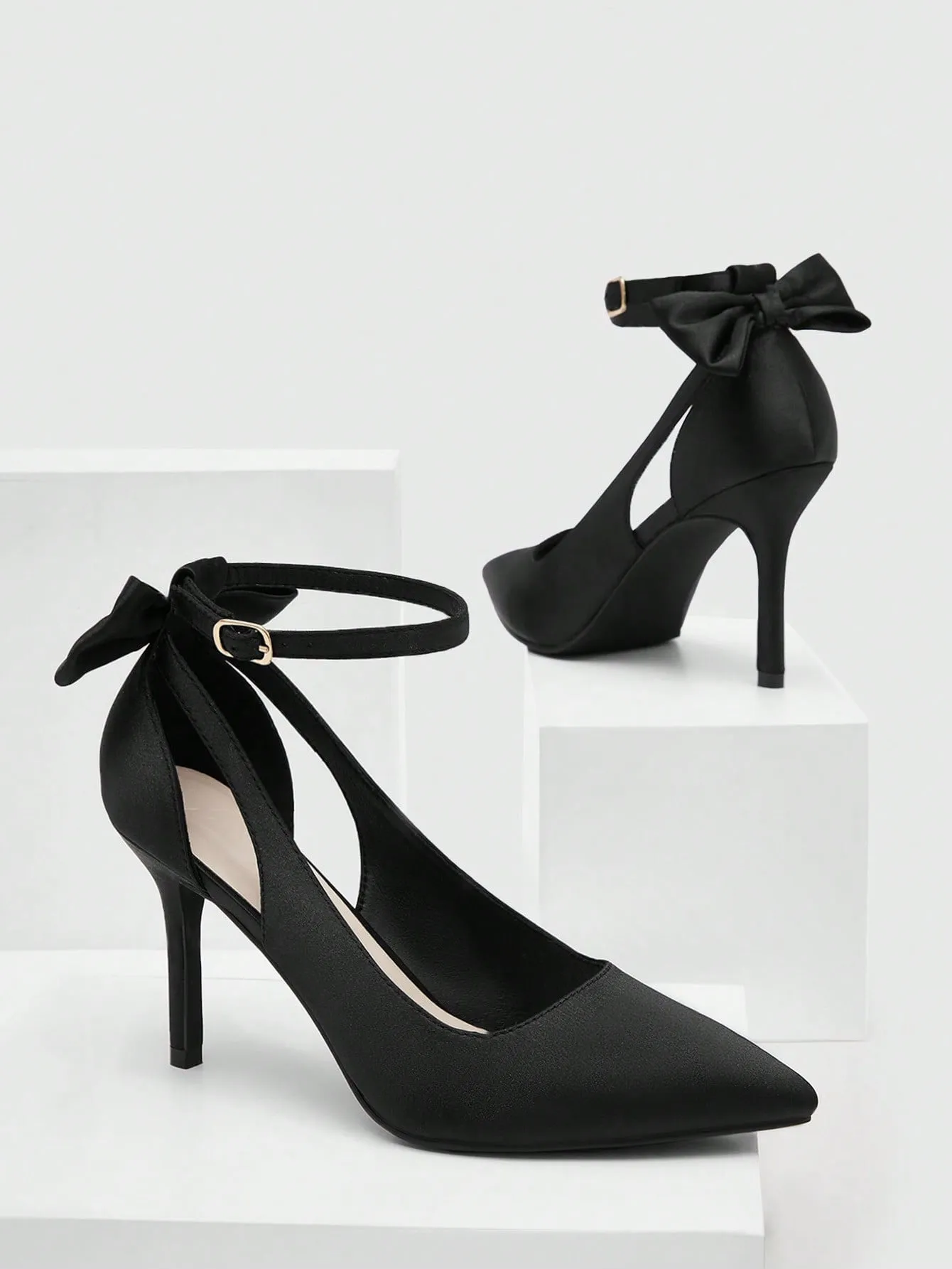 CUCCOO CHICEST Woman Shoes Bow Decor Elegant Ankle Strap Point Toe Stiletto Heeled Glamorous Black Satin Pumps For Spring And Summer Vacation Shoes Summer Sale Elegant Heels