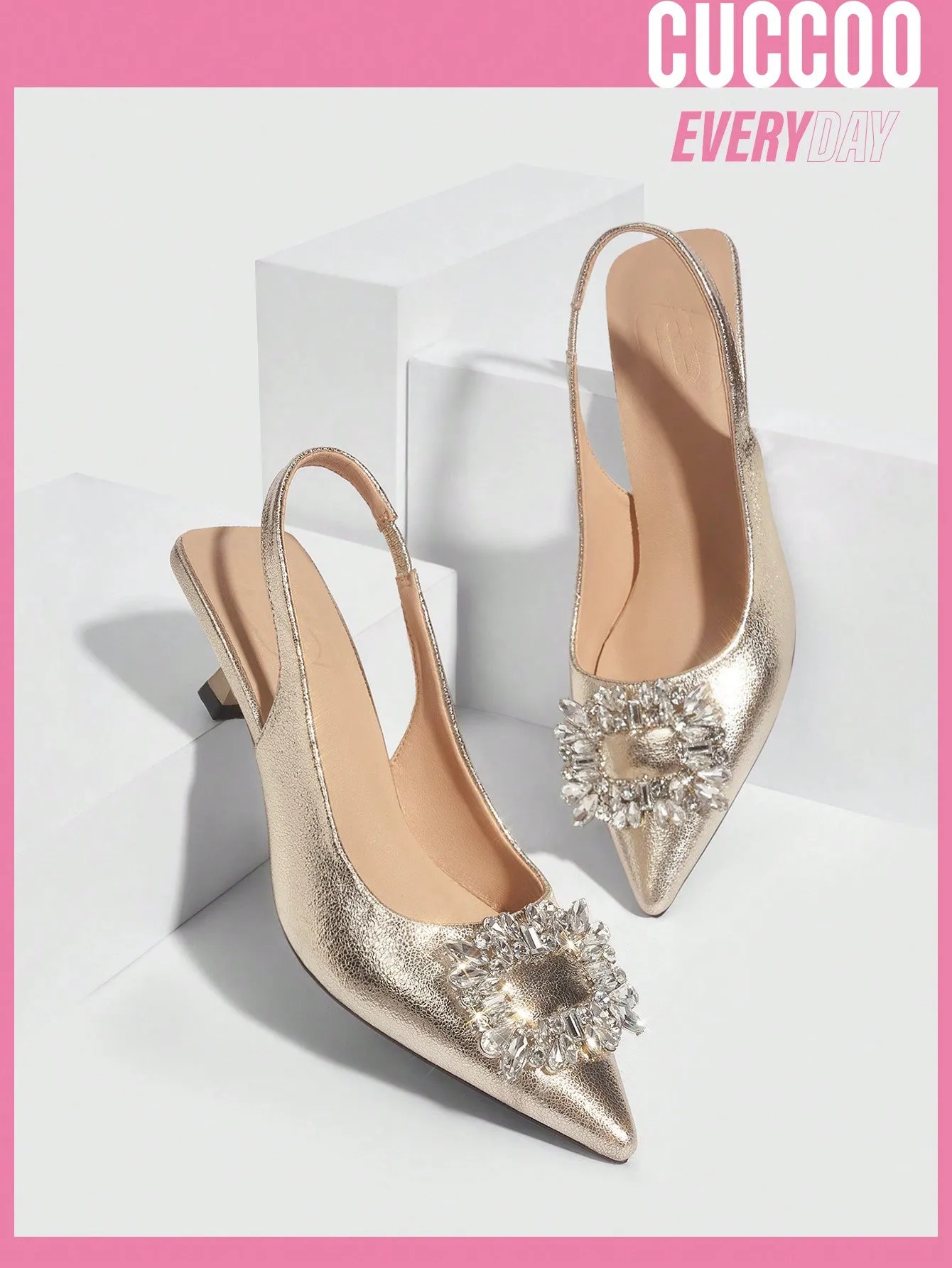 CUCCOO CHICEST Woman Shoes Fashion High Heel Sandals With Rhinestone Square Buckle, Backless, Gold Pointed Toe Wedding Shoes For Spring And Summer