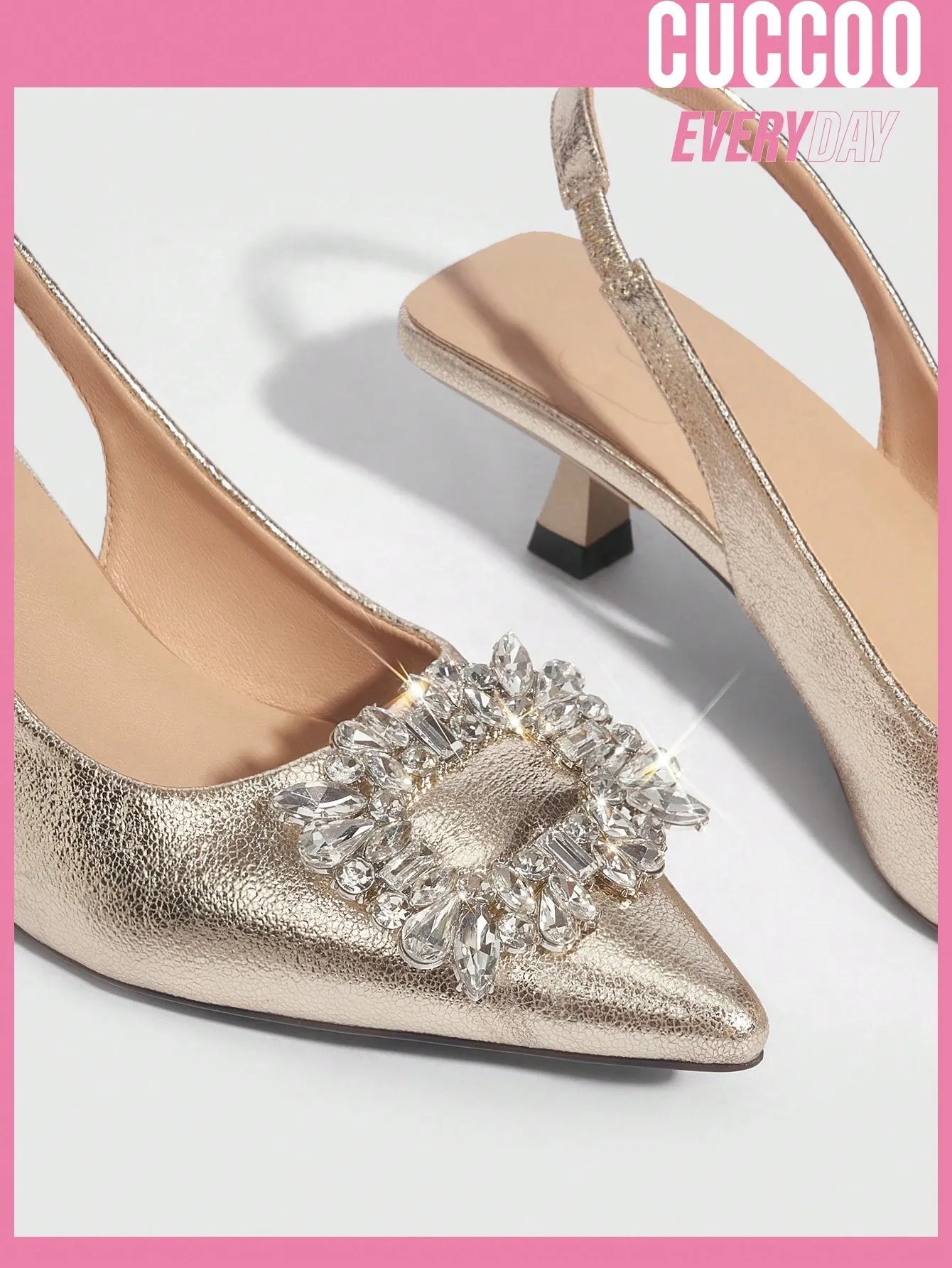 CUCCOO CHICEST Woman Shoes Fashion High Heel Sandals With Rhinestone Square Buckle, Backless, Gold Pointed Toe Wedding Shoes For Spring And Summer