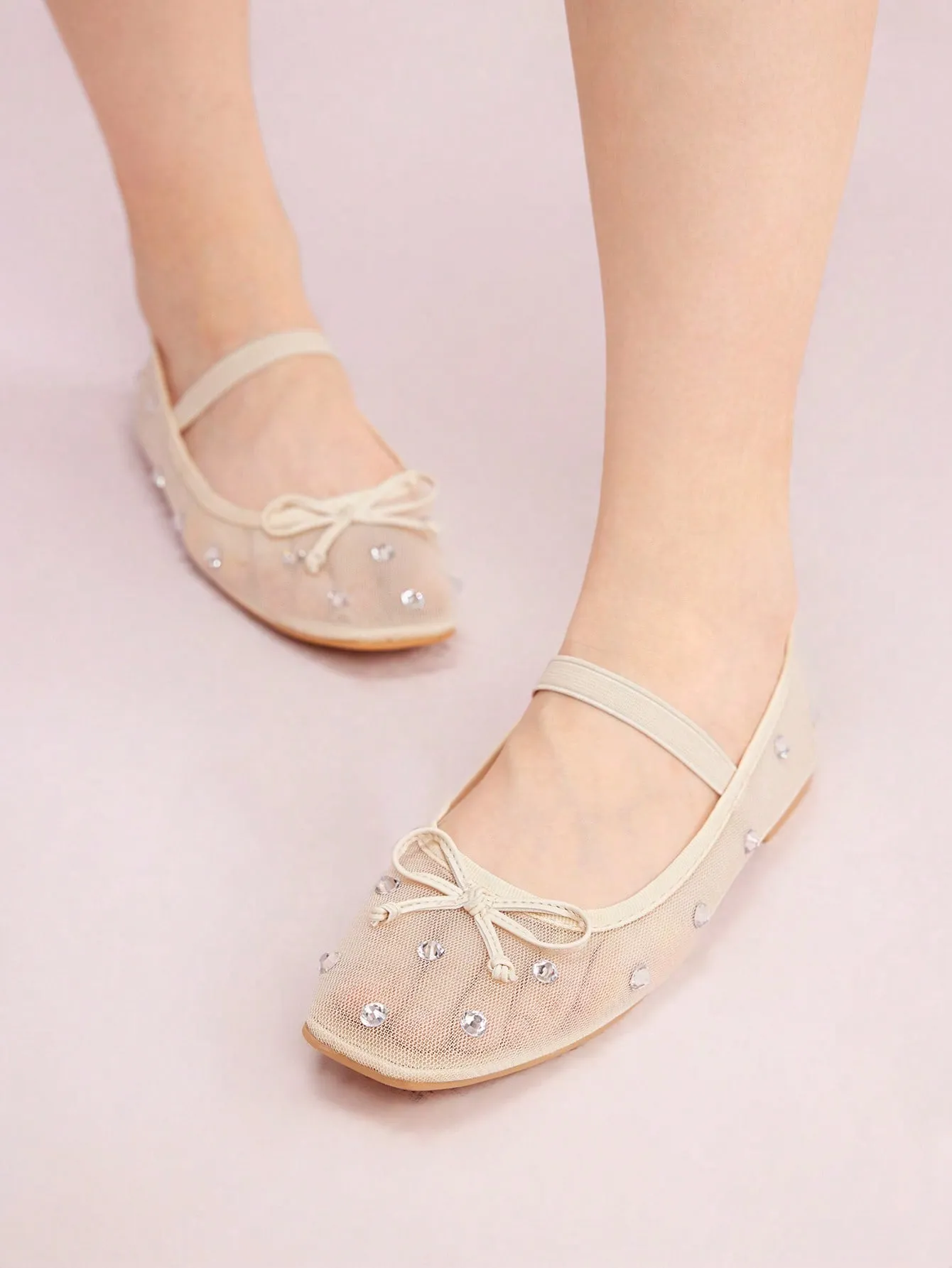 CUCCOO DOLLMOD Fashionable Woman Shoes Beige Mesh & Rhinestone Ballet Flats With Bow Knot Detail For Summer Vacation Shoes Summer Sale Elegant Flats