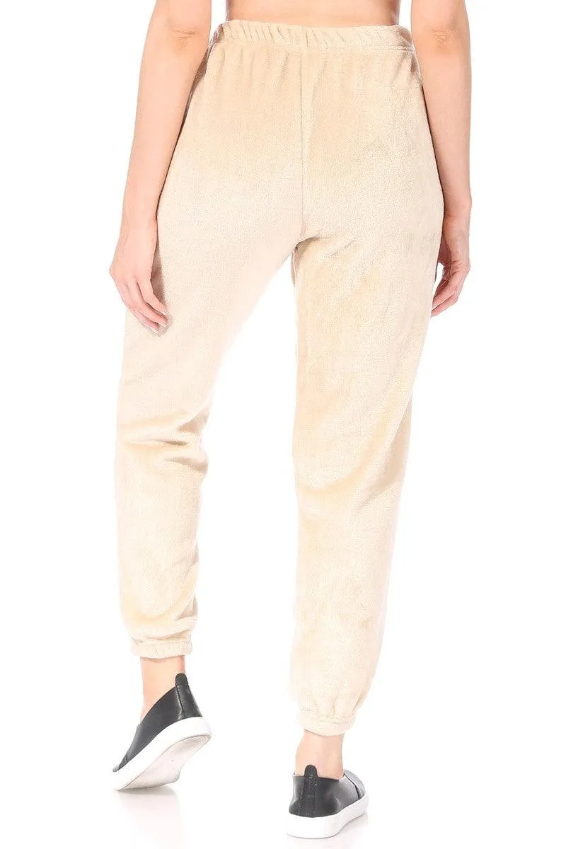 Double Side Plush Fur Joggers Sweatpants - Almond