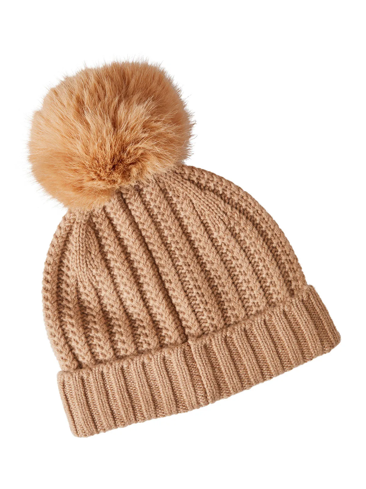 Faux Fur Pom Pom Cashmere Hat, Natural