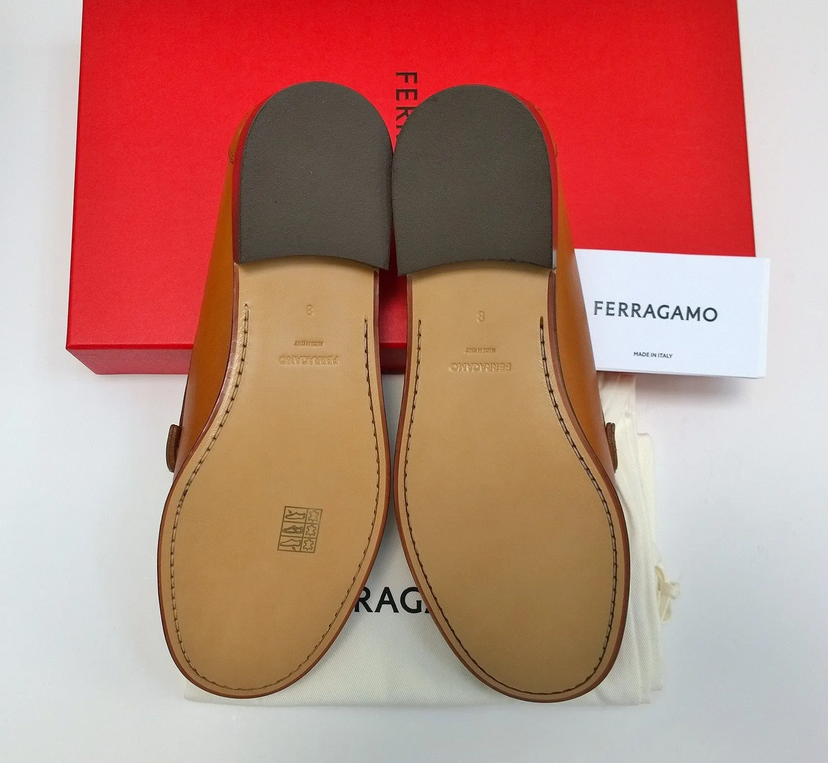 Ferragamo Gancini Cuoio Loafers in Brown Leather with Gold Tone Hardware Flats Maryan C Width