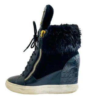 Giuseppe Zanotti Leather & Fur Wedge Sneakers. Size 36.5