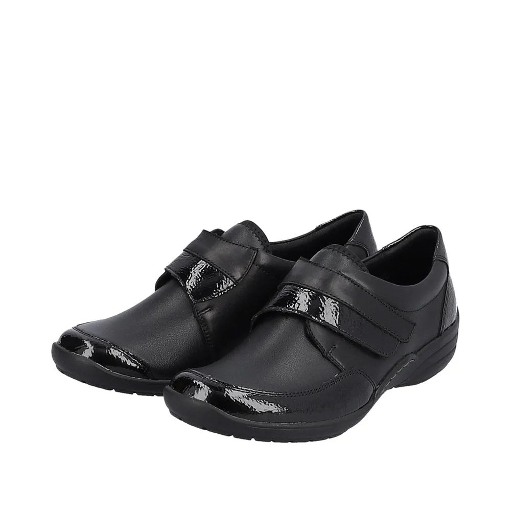 Ladies Strap Over Remonte Shoes Black Patent Mix Wider Fit R7600-04