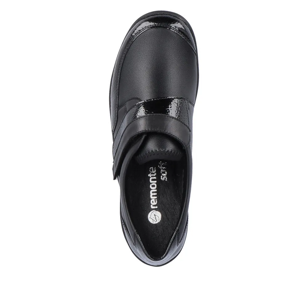 Ladies Strap Over Remonte Shoes Black Patent Mix Wider Fit R7600-04