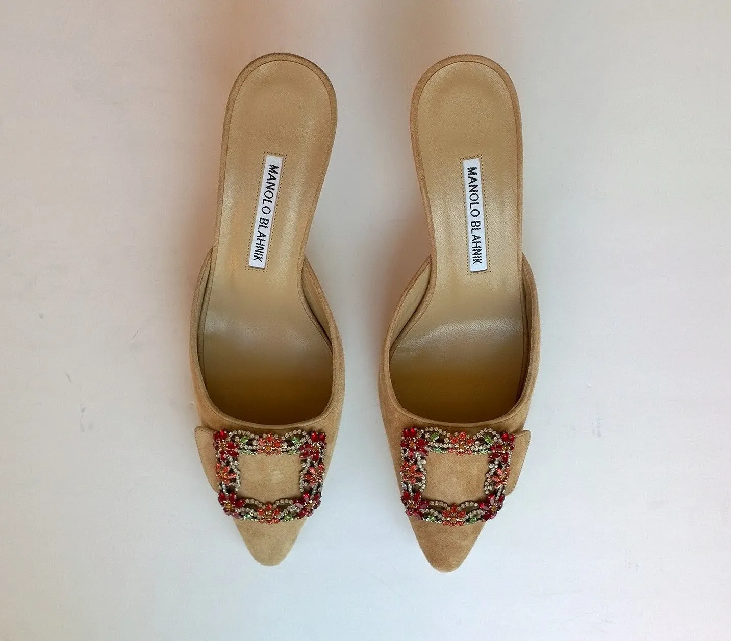 Manolo Blahnik Maysale Crystal Beige Suede Heels Rhinestone Mules New