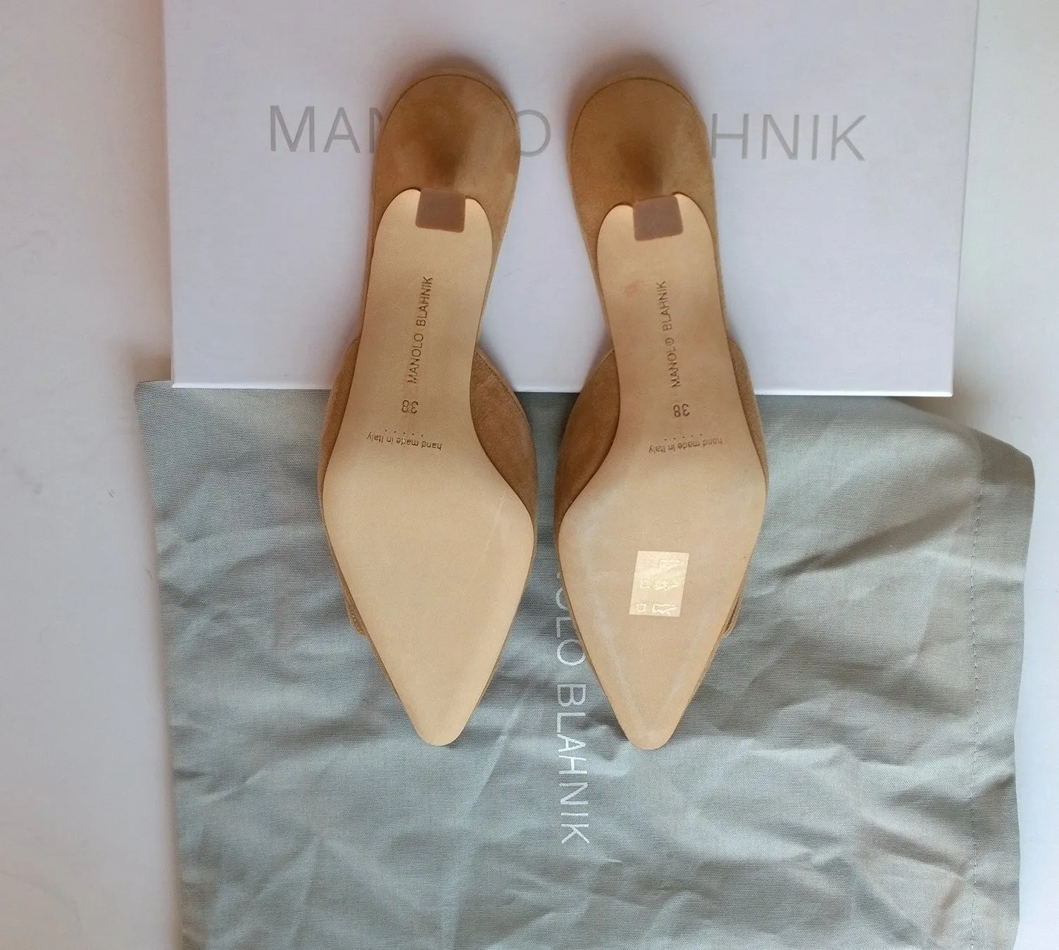 Manolo Blahnik Maysale Crystal Beige Suede Heels Rhinestone Mules New