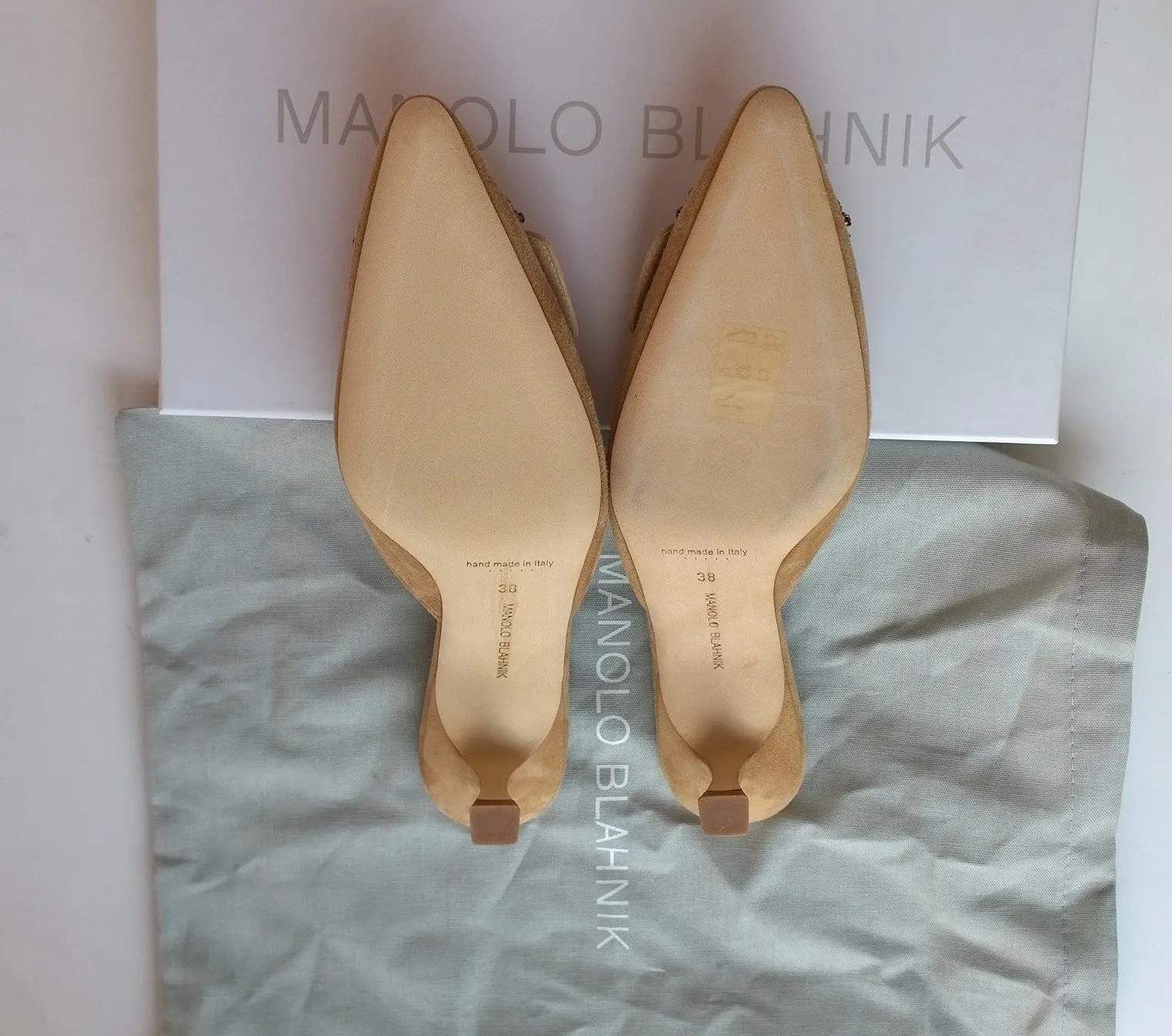 Manolo Blahnik Maysale Crystal Beige Suede Heels Rhinestone Mules New