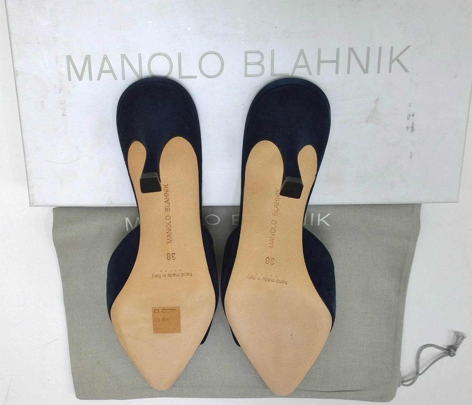 Manolo Blahnik Maysale Navy Suede Buckle Heels 70 Mules