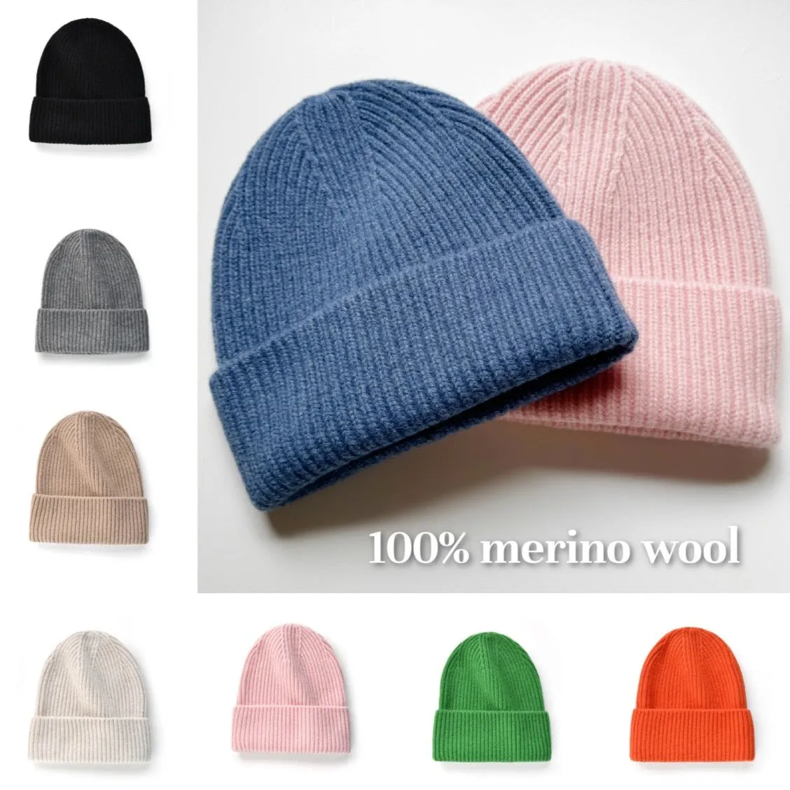 Merino wool beanie hat with fold over hem | 10 colors