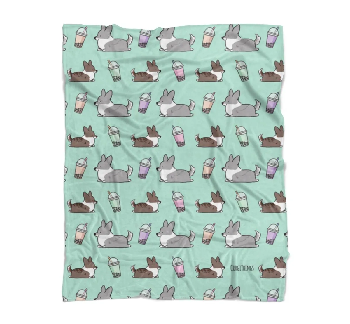 Mint Bubble Tea Cardigan Corgi Fleece Blanket | 3 Sizes