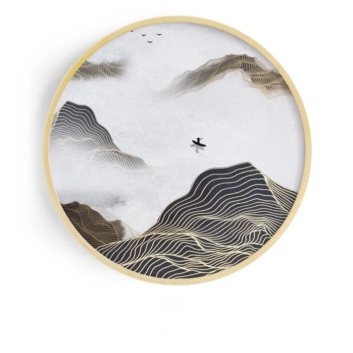 Modern Round Oriental Wall Art With Wood Frame