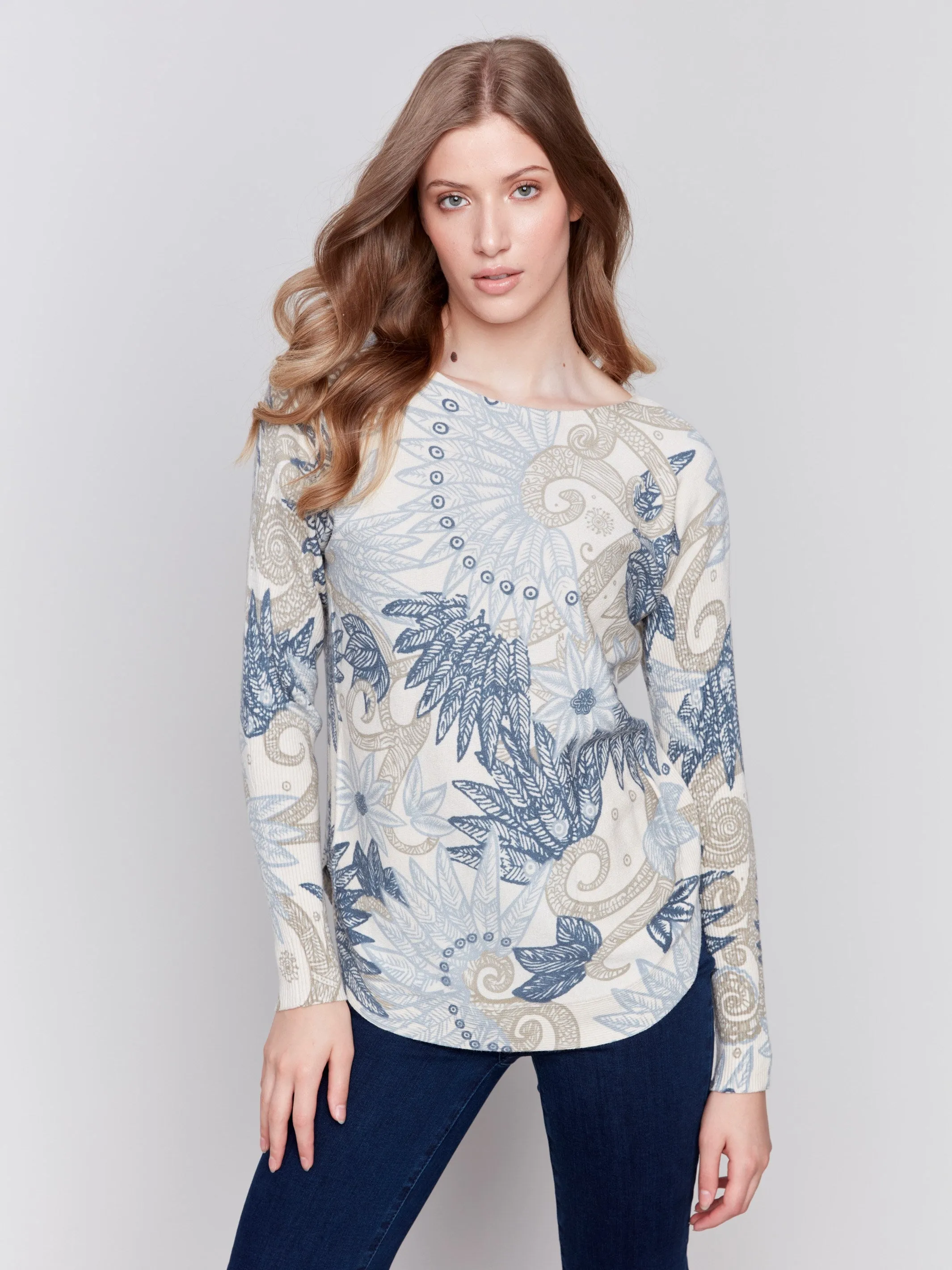 Printed Plush Knit Sweater - Feather